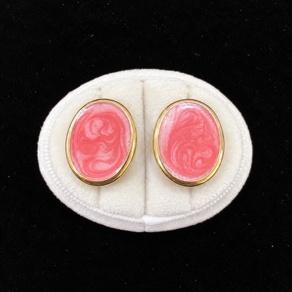 Vtg Enamel Clip On Earrings Womens Pink Gold Tone Oval Marbled Swirl Statement